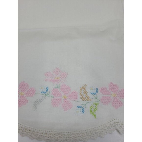 Vintage Handmade Cross Stitch Pillowcase Standard Sz Floral Scalloped Lace Edge - Picture 2 of 6